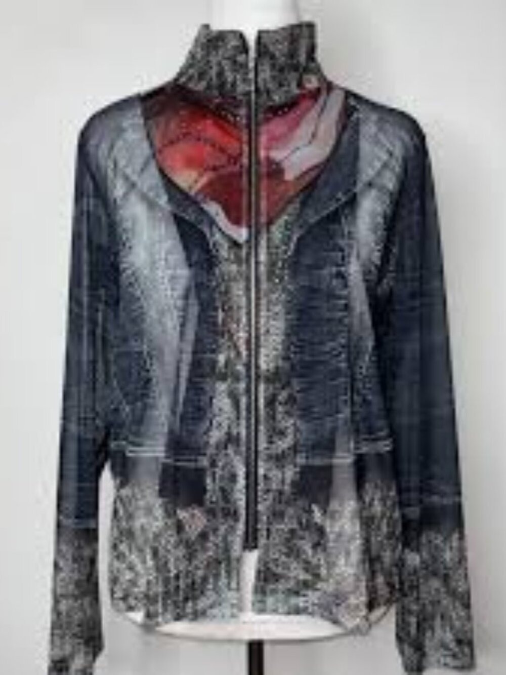 Damee Mesh Zip Up Jacket Trompe L'oeil Denim Look Art To Wear Grey Black XL